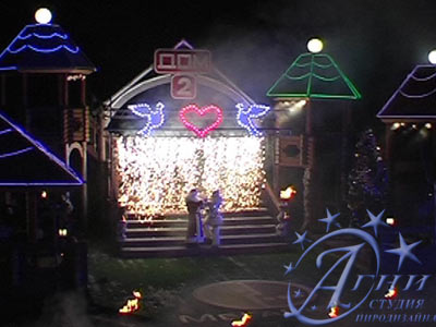 Дед Мороз и Снегурочка на фоне панно пиротехнического Любовь и голуби и огнепада